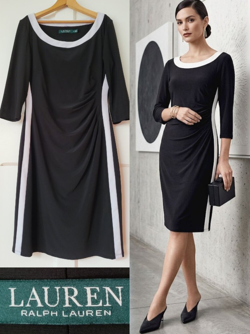 Lauren Ralph Lauren Black White Sheath Dress Ruched Size 10 Career Elegant